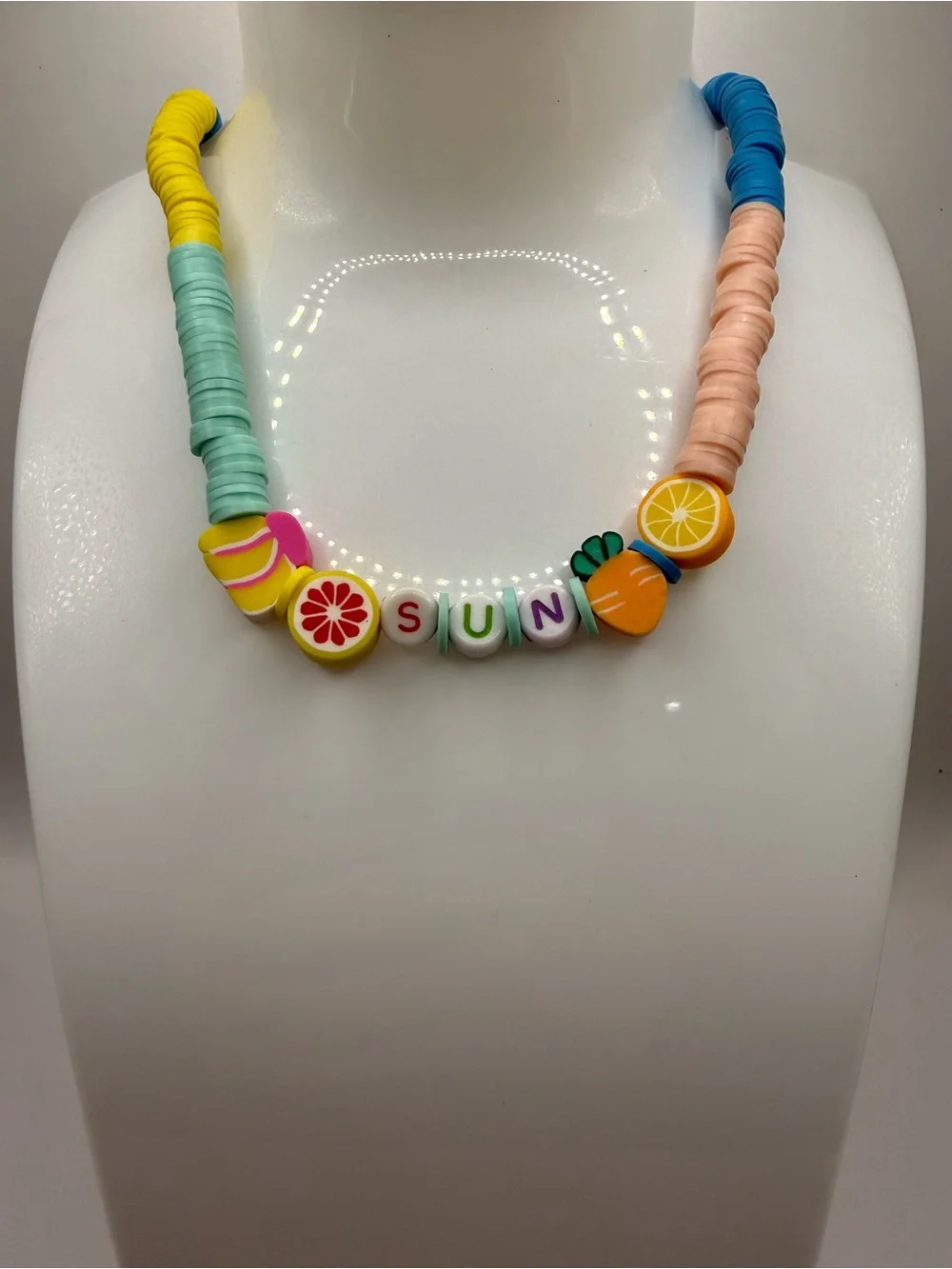 Summer Fruit Beaded Necklace with the word Sun - Multicolor with Lobster Clasp